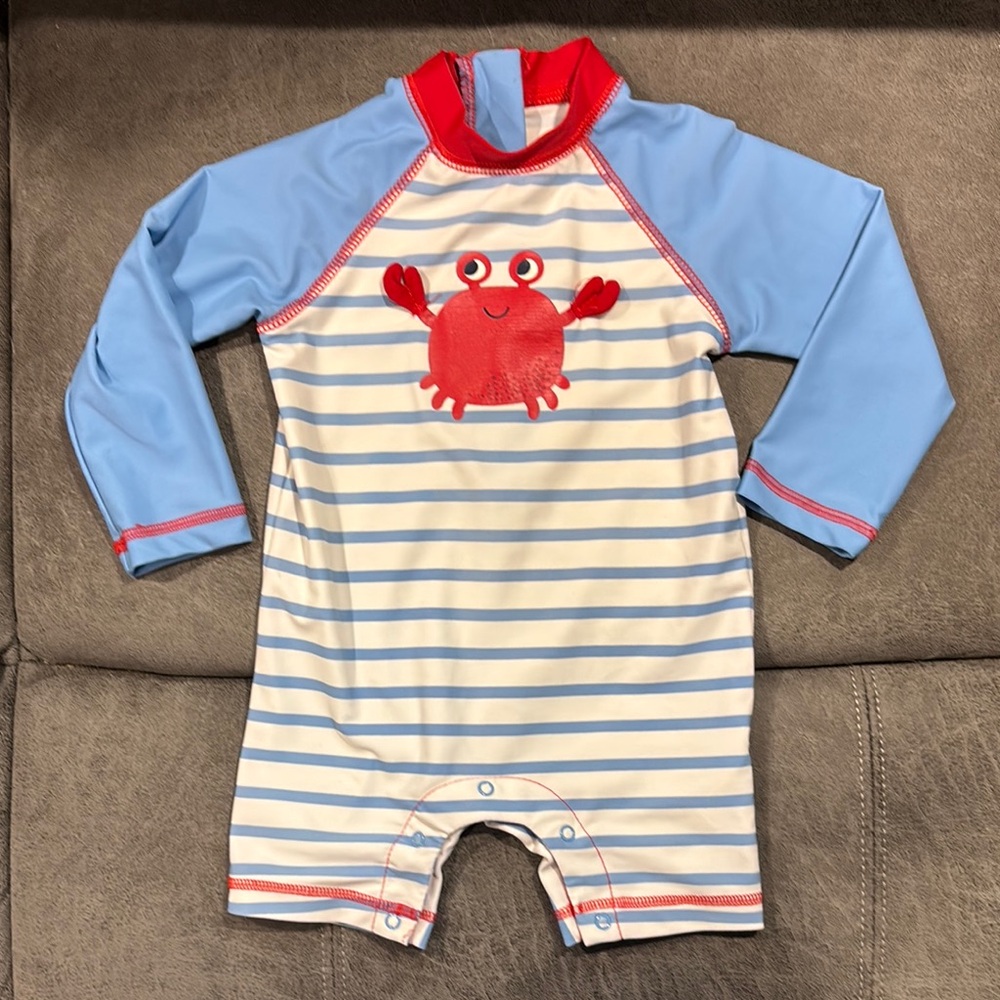 Little Me Blue and Red Rashguard with Crab Design